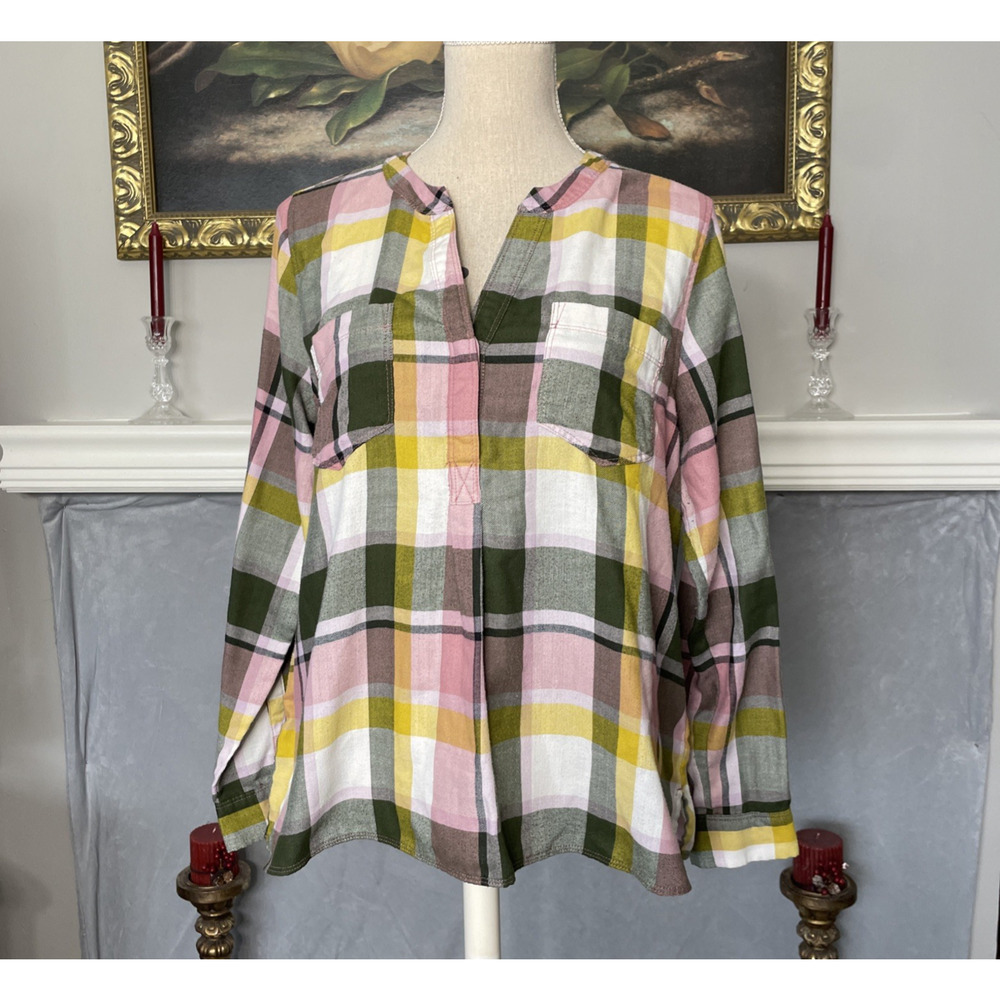 Old Navy Plaid Popover Blouse Long Sleeve Large